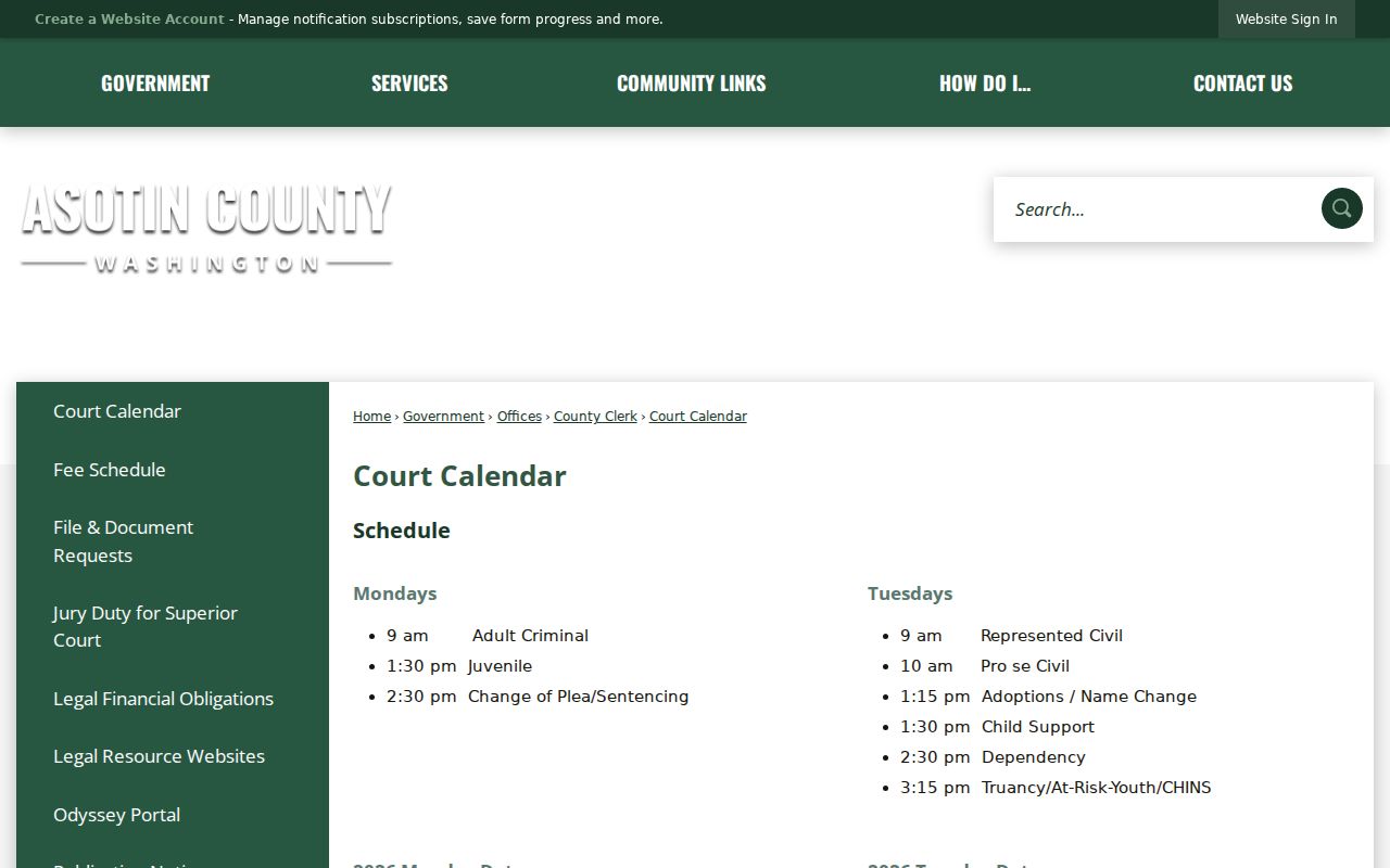 Asotin County Superior Court 2026 calendar and docket links