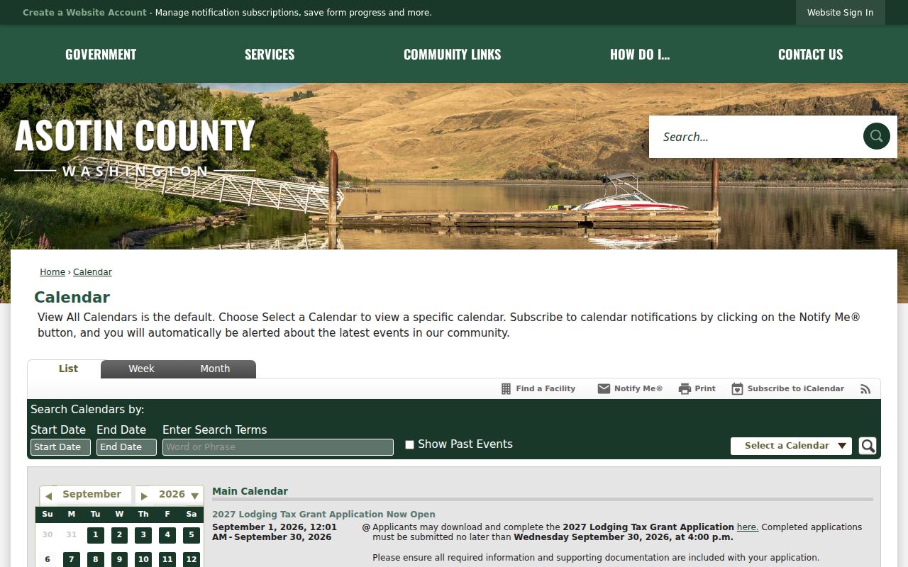 Searchable Asotin County calendar date and calendar controls