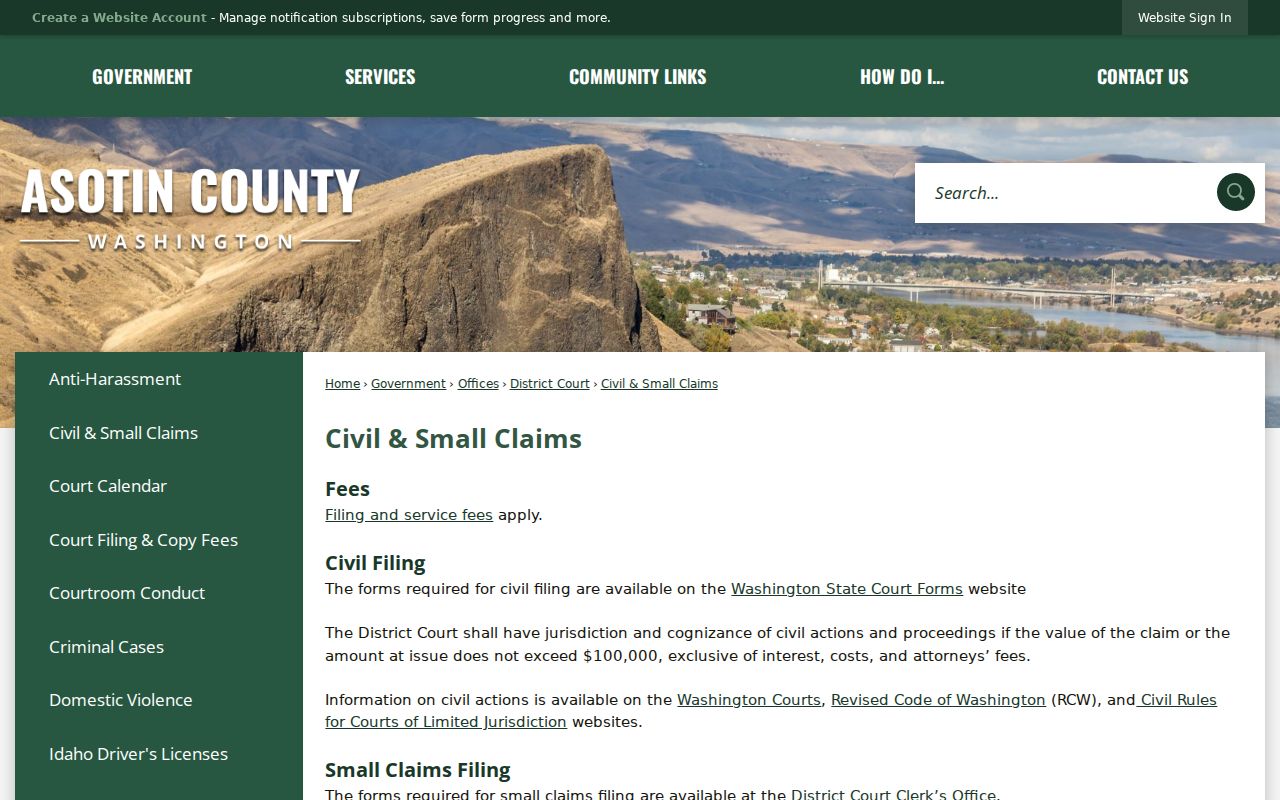 Asotin County civil docket jurisdiction and small-claims information