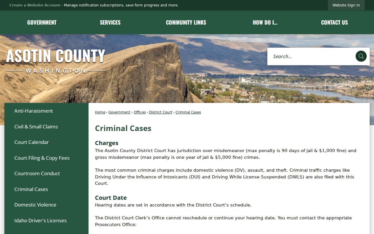 Asotin County criminal docket jurisdiction and court-date information